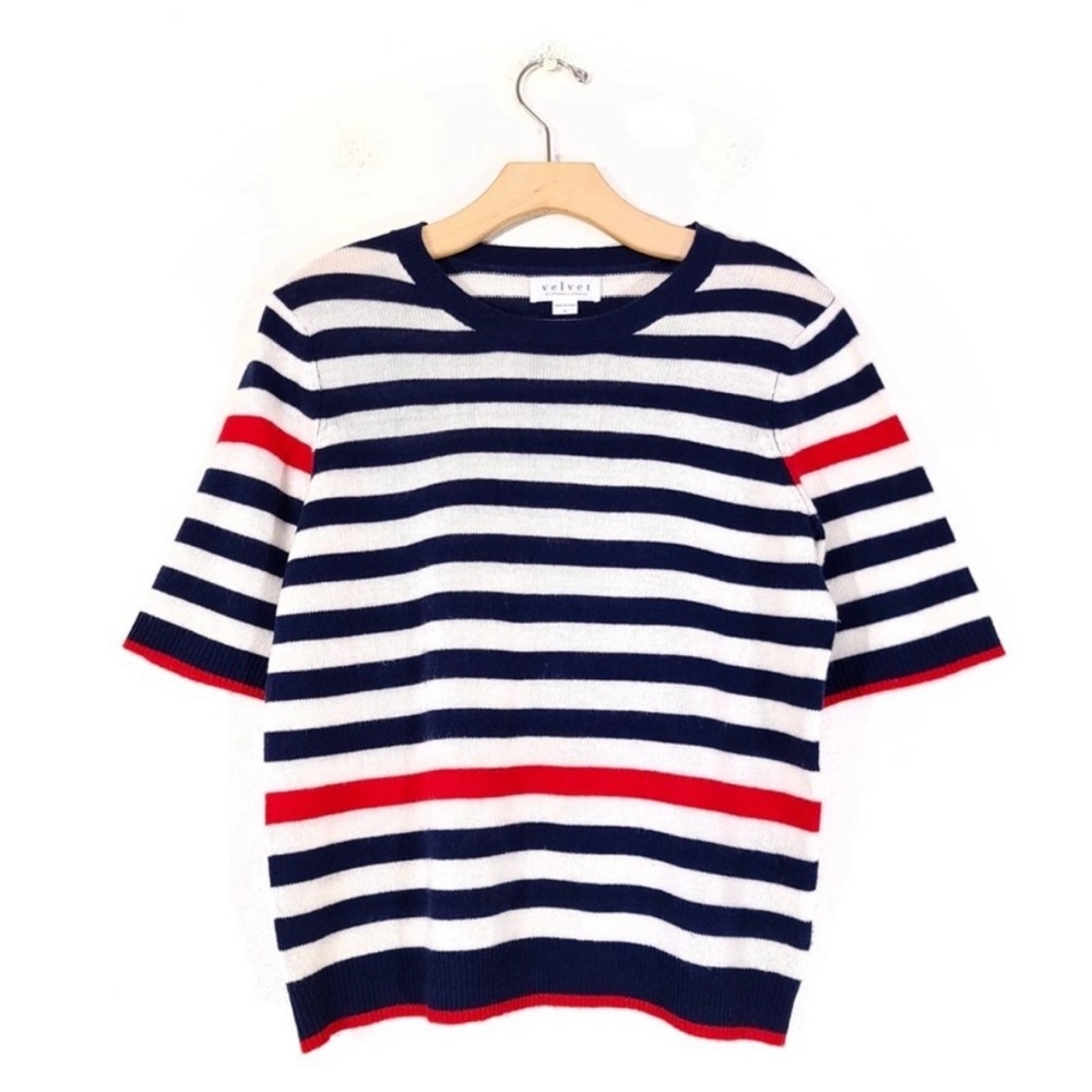 VELVET by Graham & Spencer Wool Cashmere Short Sleeve Sweater in Navy Red Stripe